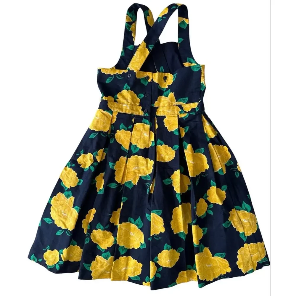 NWOT Janie and Jack Yellow Floral Dress Navy Blue Cotton Pleated Cross Back Sz 8